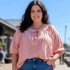 St. John's Bay Women's 2X Short Sleeve Peasant Boho Blouse Cotton Orange Check